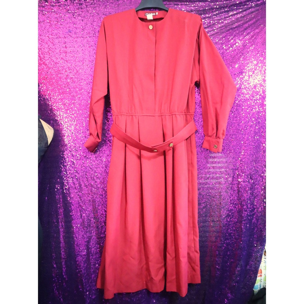 Red Belted Midi Dress 16 Jos A Bank Womens Vintage Wool Blend Shoulder Pads